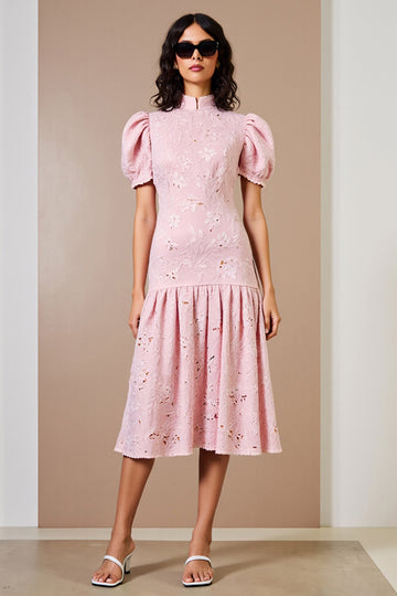 Floral Pink High Neck A Line Midi Wedding Guest Dress with Puff Sleeves